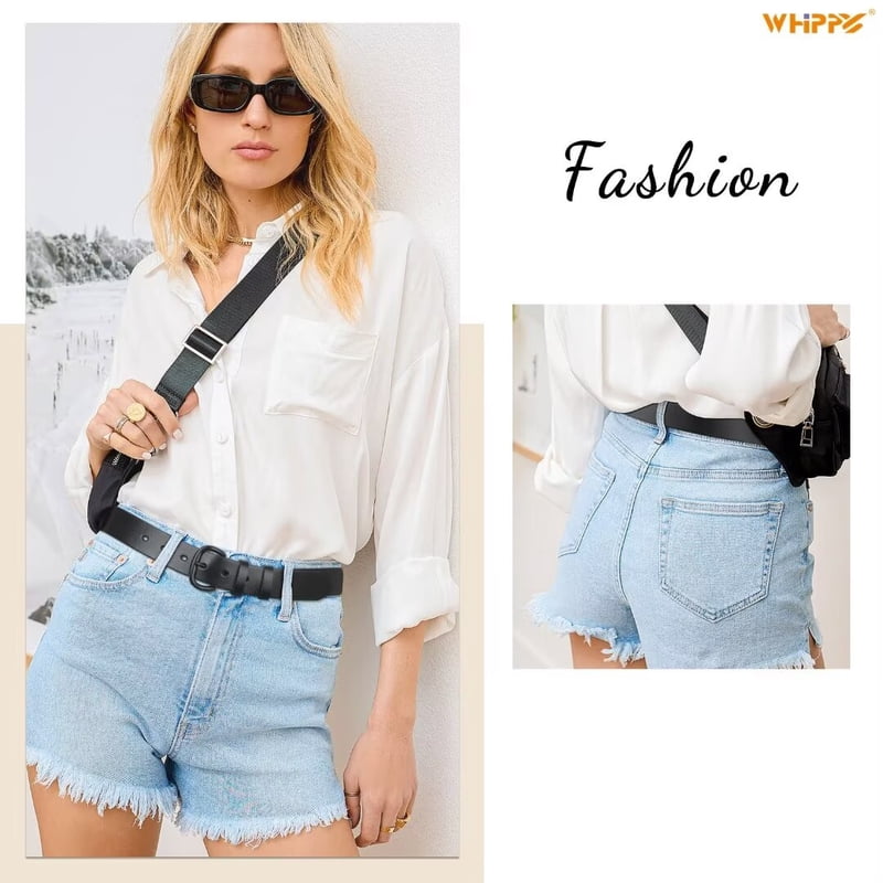 Women Leather Belt for Jeans & Pants - Black Buckle, 31-36 Inch Waist - Whippy