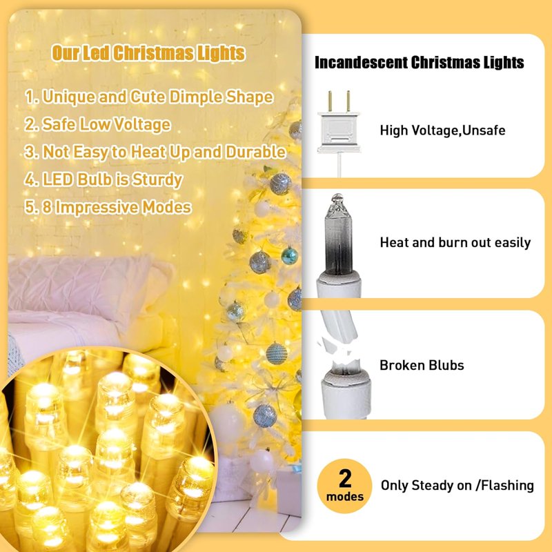 Connectable Warm White Christmas String Lights 33ft 100 LEDs Indoor Outdoor