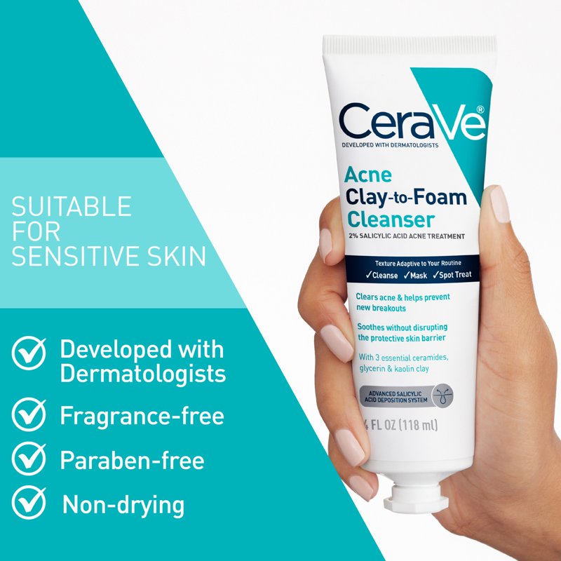 3-in-1 Acne Clay-to-Foam Facial Cleanser with 2% Salicylic Acid, 2-Pack