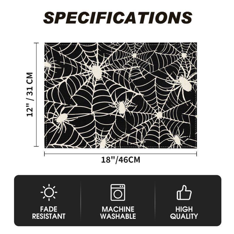 Halloween Spider Web Placemats Set of 4 - 12x18 Inch Indoor Outdoor Table Decor