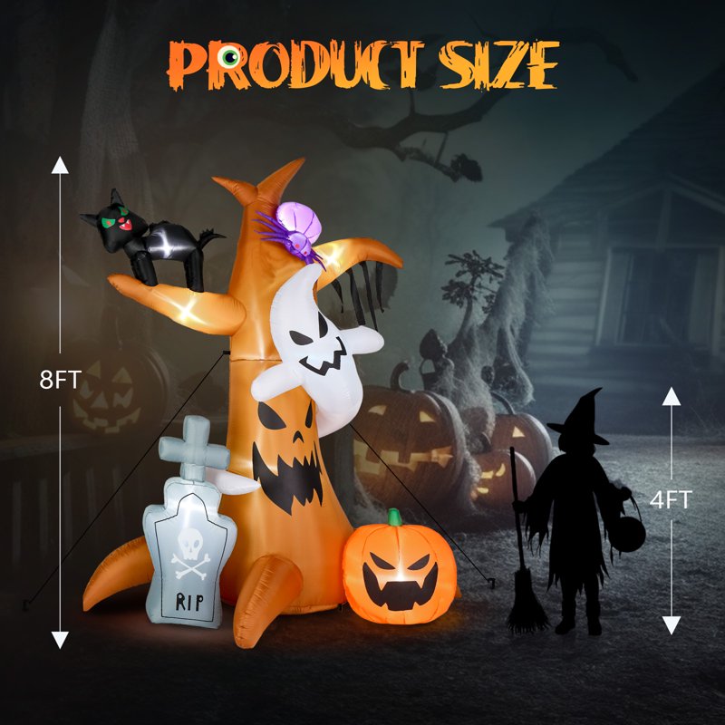 Inflatable Halloween Tree with Tombstone, Pumpkin, Ghost & Cat - 8FT Outdoor Decor