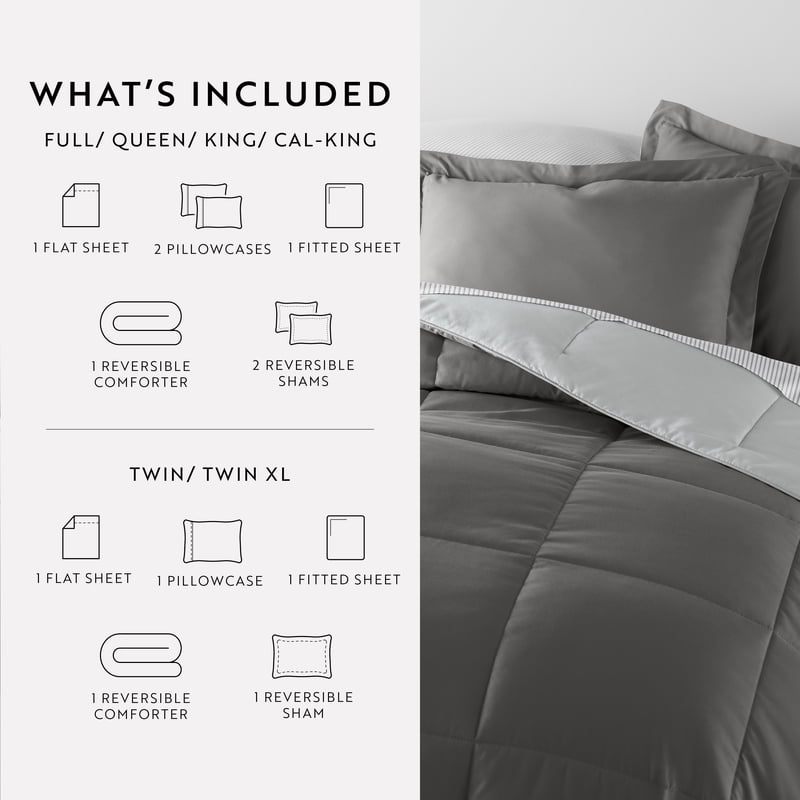 Queen Reversible Comforter and Patterned Sheet Set Bedding Bundle - Gray