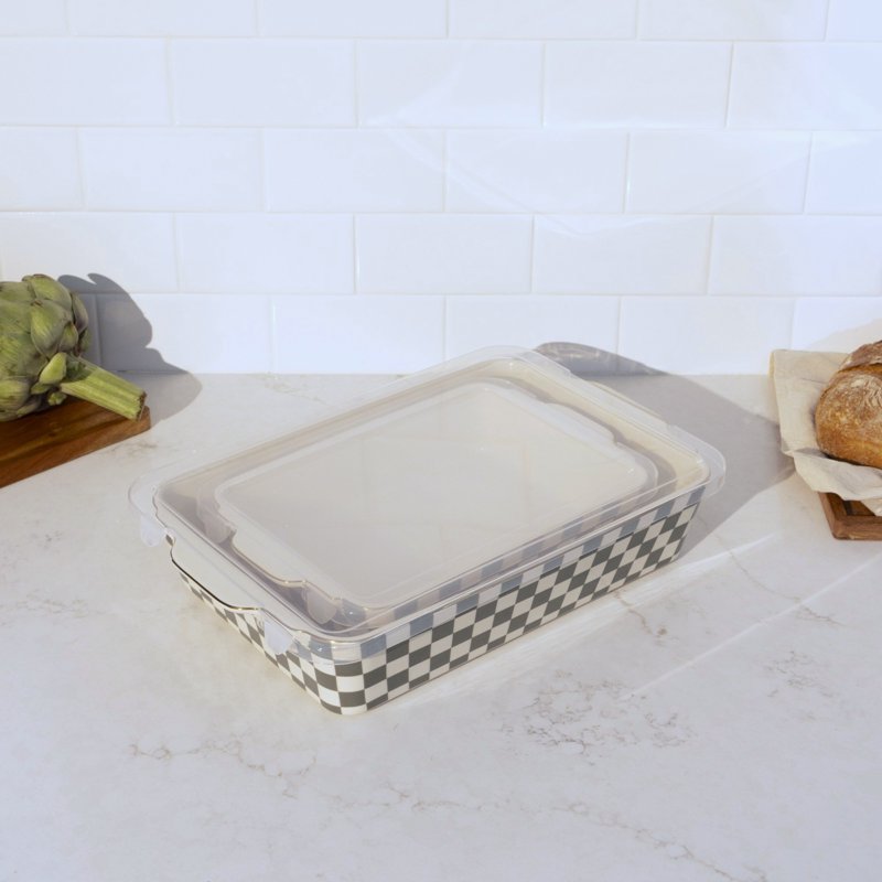 Moss Green 4-Piece Checkered Ceramic Casserole Dish Set with Lids