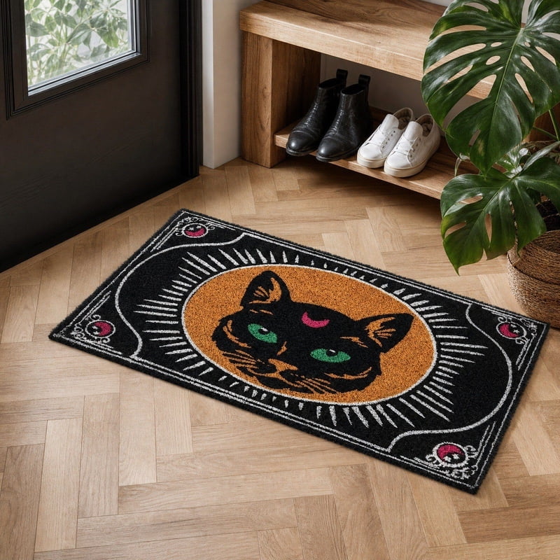 Halloween Doormat Vintage Witch Theme Entryway Mat with Green Eyes - Variation D