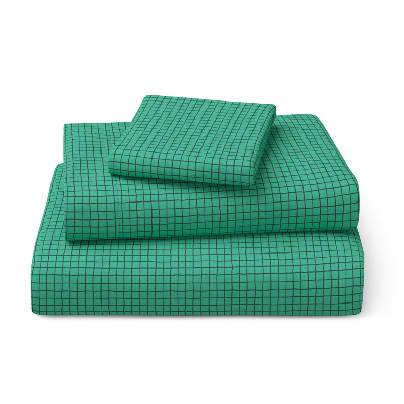 Kids Twin Bed Sheet Set - Green Grid 100% Cotton Percale, 3 Pieces
