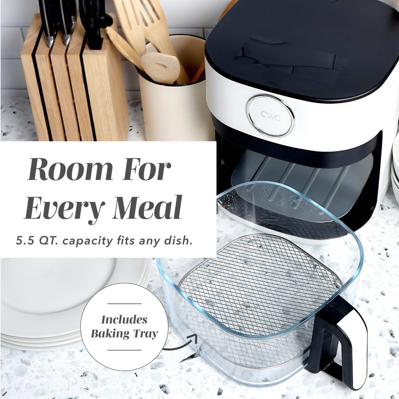 5.5Qt Glass Air Fryer - 1400W Digital Kitchen Appliance with 8 Presets, White