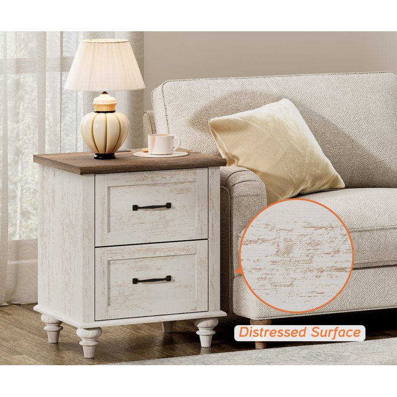 Antique White End Table with Charging Station & 2 Drawers