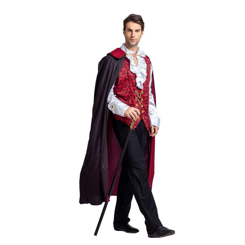 Adult Vampire Costume Set with Cape and Vest - Red, Large Halloween Fancy Dress