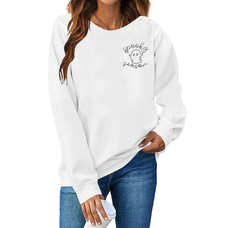 Women’s Halloween Ghost Embroidered Sweatshirt - Spooky Season Pullover, White, S