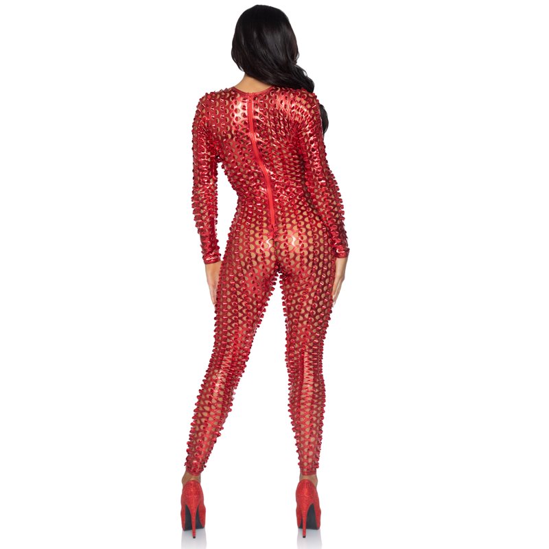 Women's Metallic Catsuit with Laser Cut Design - Red, Medium