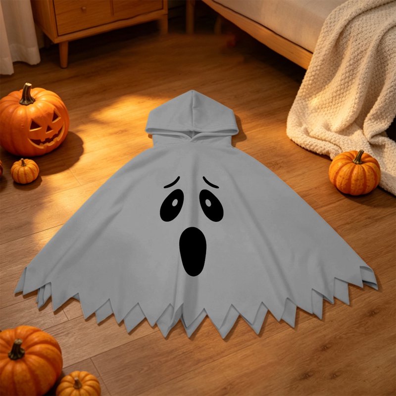 Kids Halloween Ghost Face Costume Cape - Unisex Hooded Dress Up for 10-12 Years - Grey