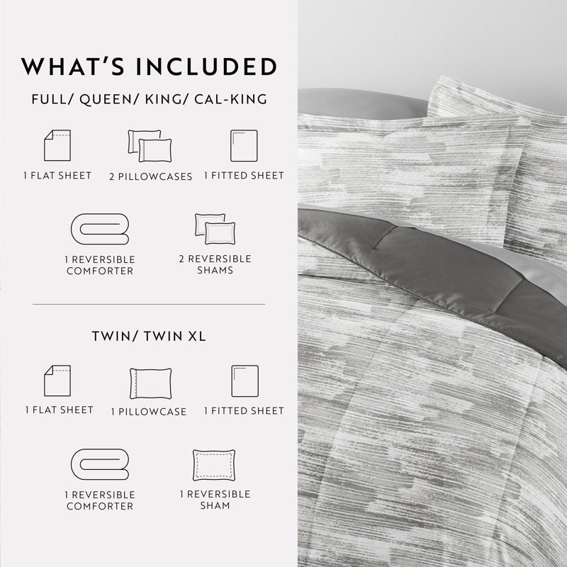 Twin Microfiber Bedding Set with Patterned Comforter & Solid Sheets - Gray Textured Stripe