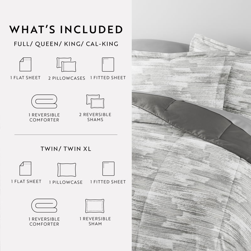 Twin XL Microfiber Bedding Set with Comforter & Sheets - Textured Stripe Gray