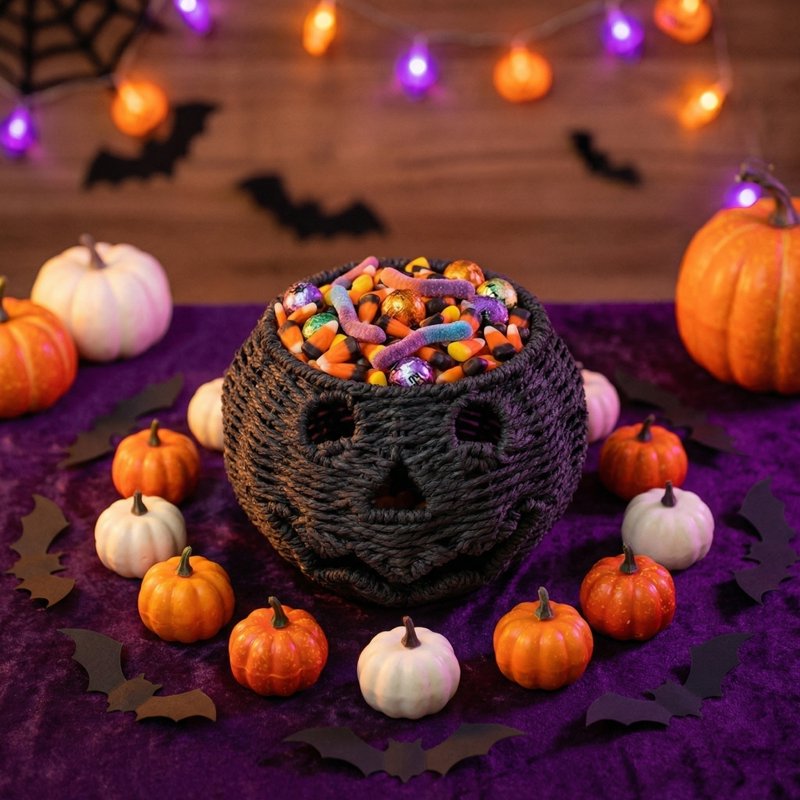 Halloween Woven Seagrass Pumpkin Storage Basket with Lid - 10.2 Inch, Black, Rustic Home Decor - Variation of This Listing