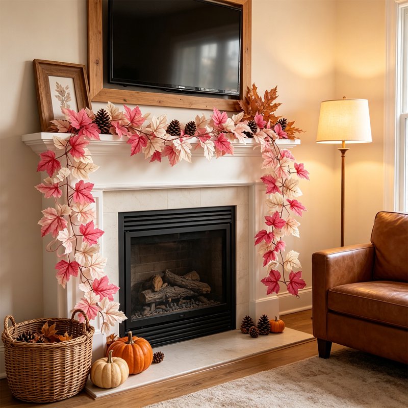 Pink Maple Leaf Garland for Fall Home Decor - 70.87 Inch Artificial Vine, Bendable Autumn Foliage with Cream Leaves - Pink Garland Variation 2