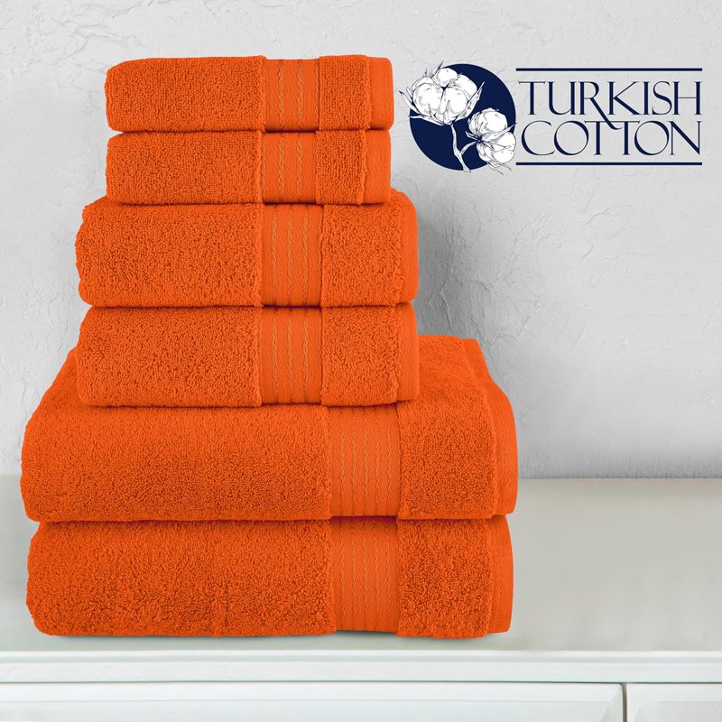 Orange 6-Piece Turkish Cotton Towel Set - Highly Absorbent & Soft Bathroom Towels