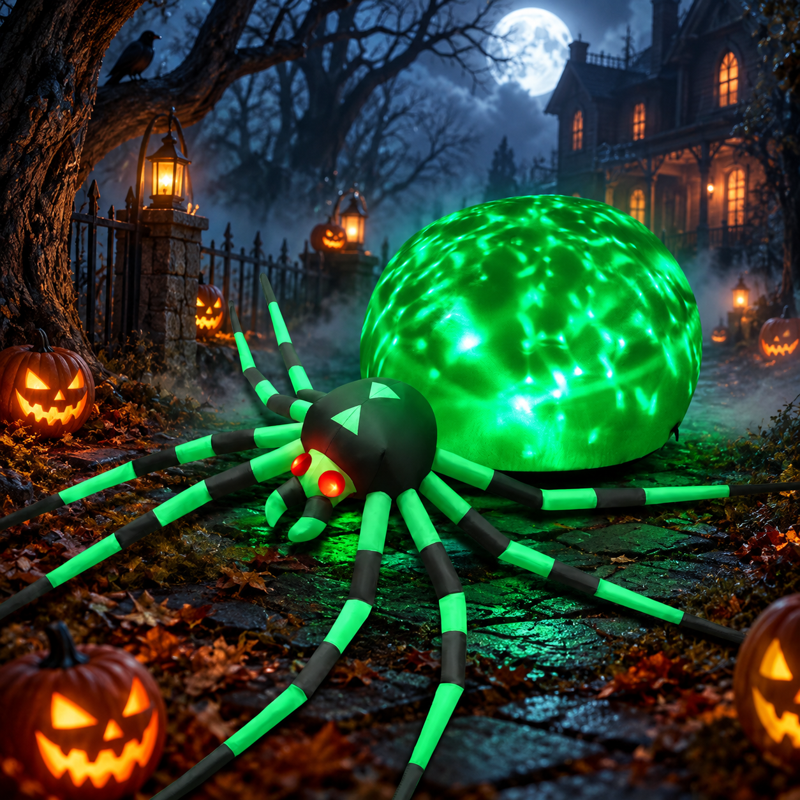 8FT Green Halloween Inflatable Giant Spider with Disco Lights for Yard Decor