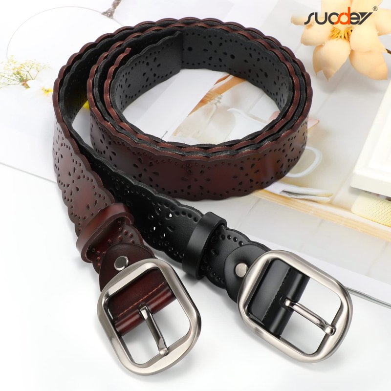 Women Leather Belt with Hollow Flower Design - Coffee, Fits Waist 25-35 Inches