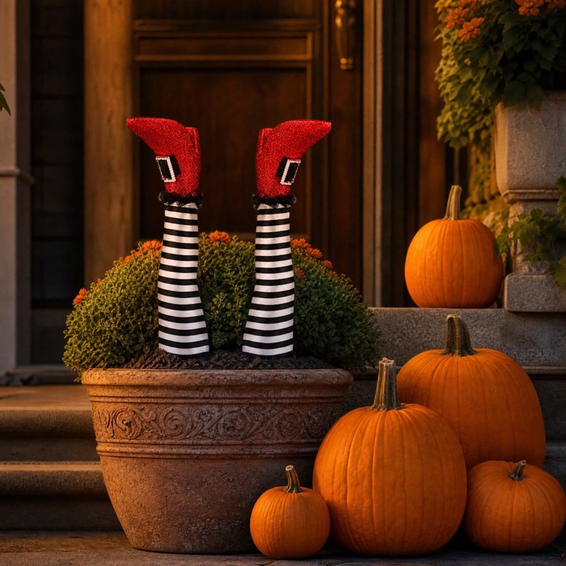 Halloween Witch Leg Yard Stakes with Glitter Shoes and Striped Stockings - White Variation