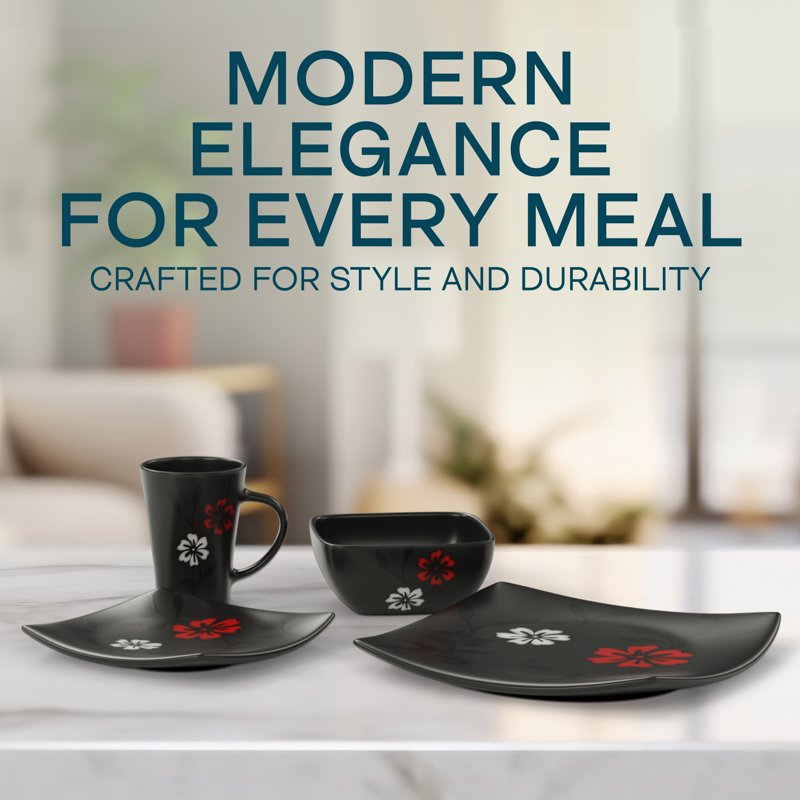 16-Piece Black Satin Evening Blossom Dinnerware Set