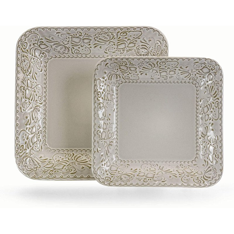 Ivory Lotus 16-Piece Square Dinnerware Set - Stoneware