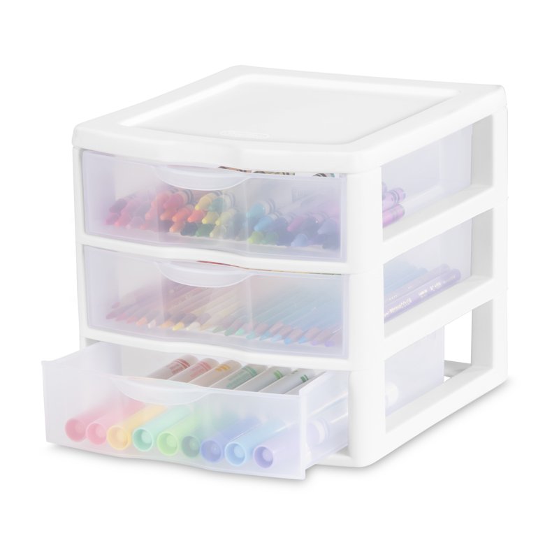 (2 Pack) Sterilite Small 3 Drawer Countertop Organizer, Clear Storage for Desks & Shelves – White