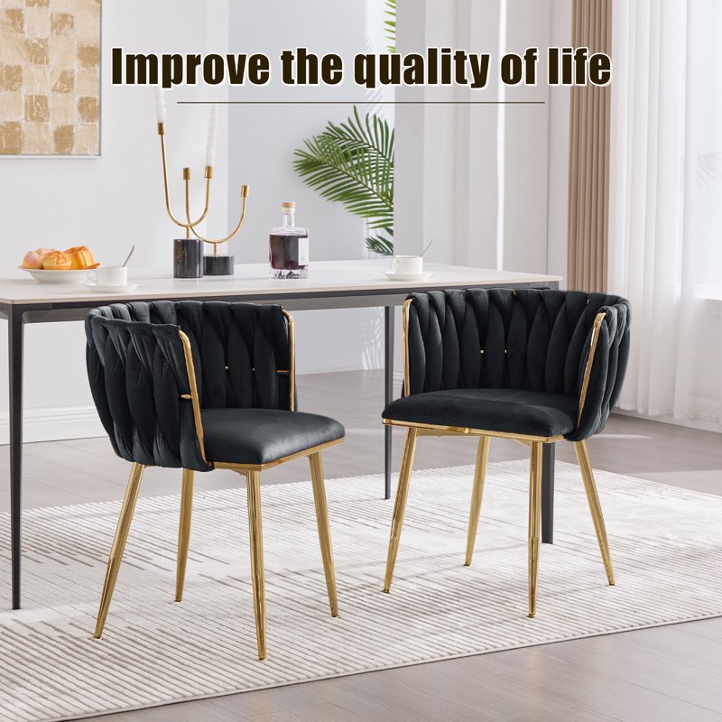 Velvet Dining Chairs Set of 6 with Metal Legs - Black