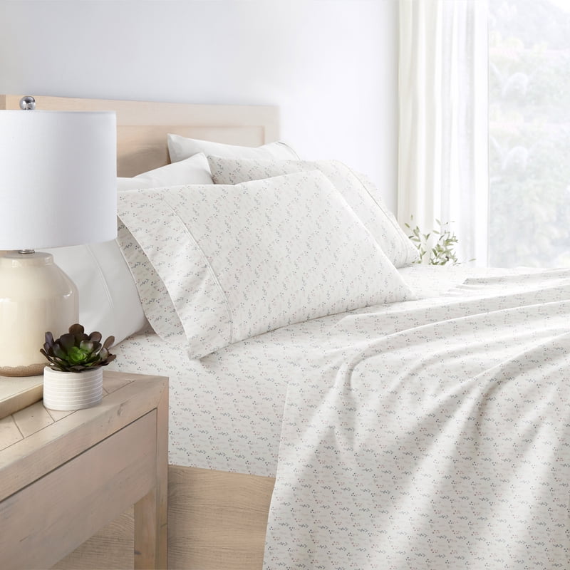 Queen Pattern Microfiber Bed Sheets Set - Ivory Painted Meadow, 4 Piece