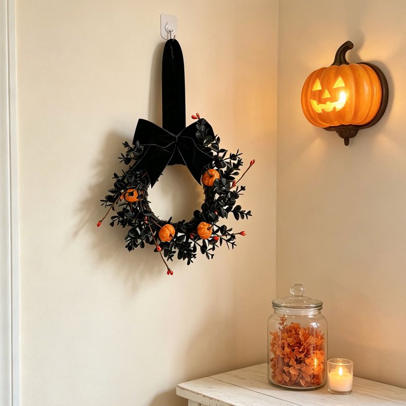 Halloween Pumpkin Wreath with Bow - Small Autumn Holiday Door Decor