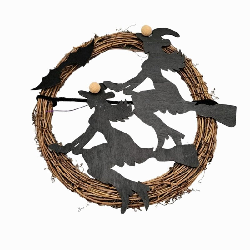 Halloween Wreath with Purple LED Witch & Bats - Gothic Front Door Decor - Variation of Witch & Wand