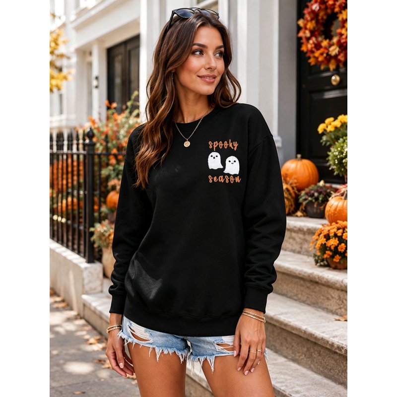 Women's Black Ghost Spooky Season Sweatshirt with Embroidered Graphic - S Variation