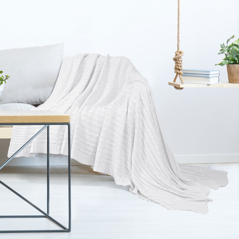 Cotton Cable Knit Throw Blanket - White 51 x 59 Inches