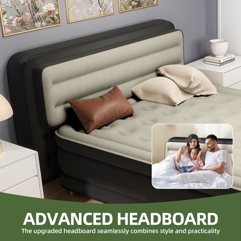 Gray Queen Size Air Mattress with Built-In Headboard & Pump - 18in Deluxe Flocked Top