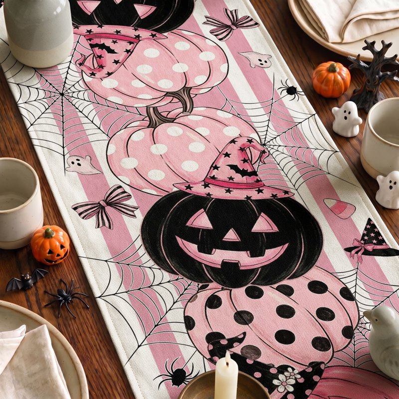 Halloween Table Runner 13x72 Inch Polka Dot Pink Pumpkin Witch Ghost Bat Web