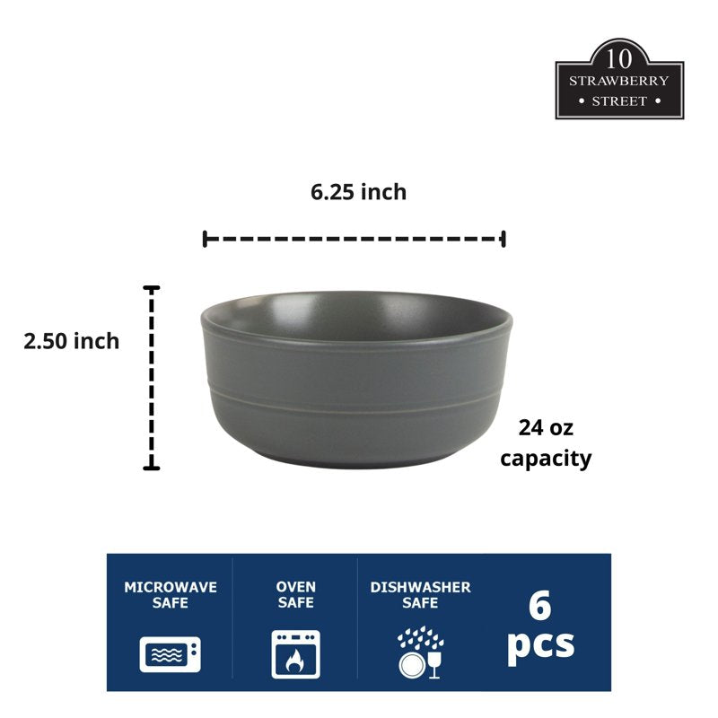 Round Cereal Bowl Set - 6.25" 24 oz, Matte Gray - Set of 6