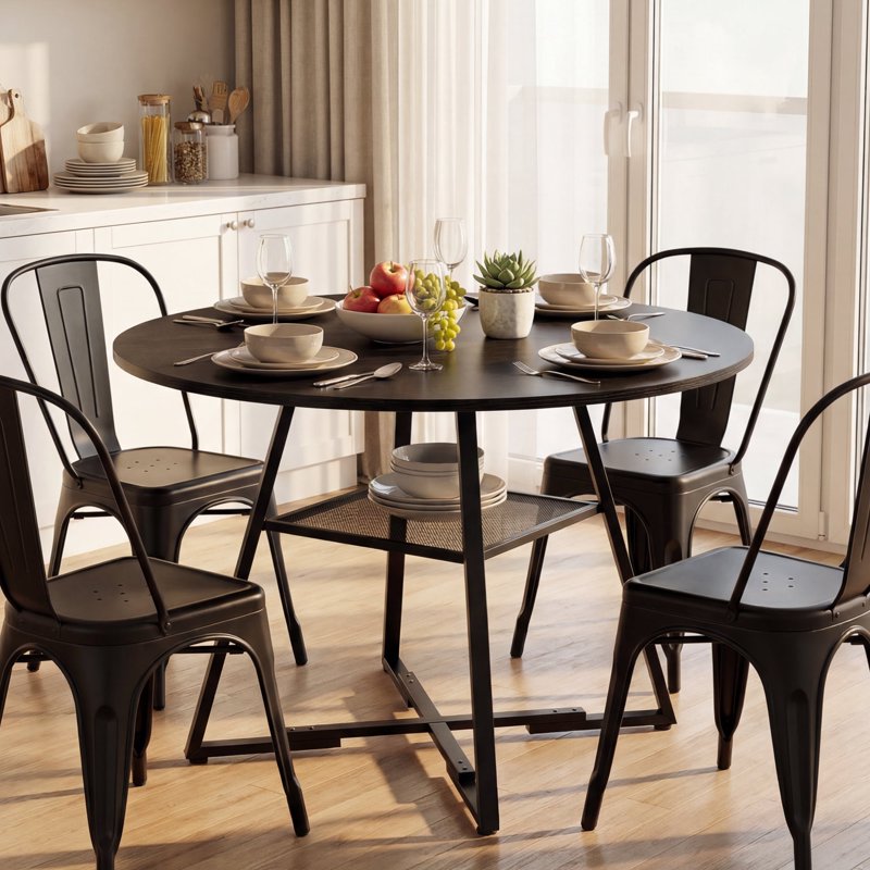 42-Inch Round Dining Table for 4-6 - Farmhouse Style, Black