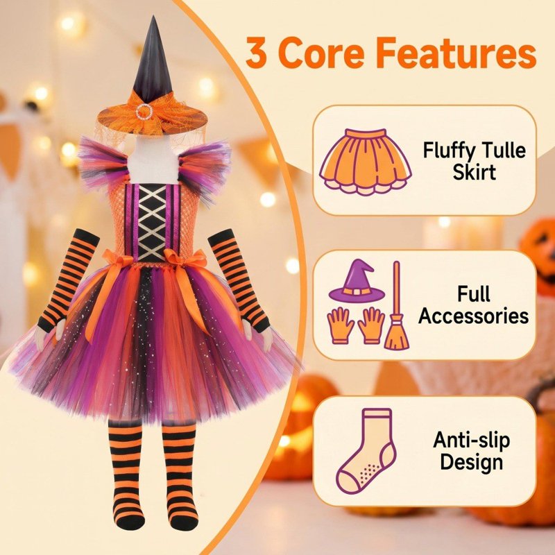 Girls Witch Costume Dress with Accessories - Multicolour, 7-8 Years Halloween Fancy Dress