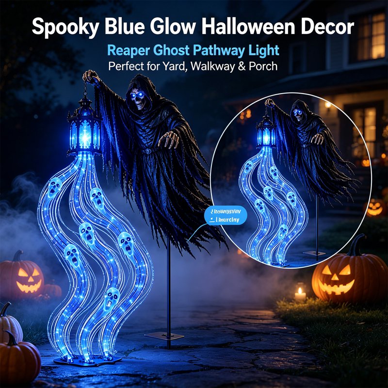 Battery-Powered Halloween Soul Harvester Garden Light with Blue LED, Spooky Reaper Yard Stake