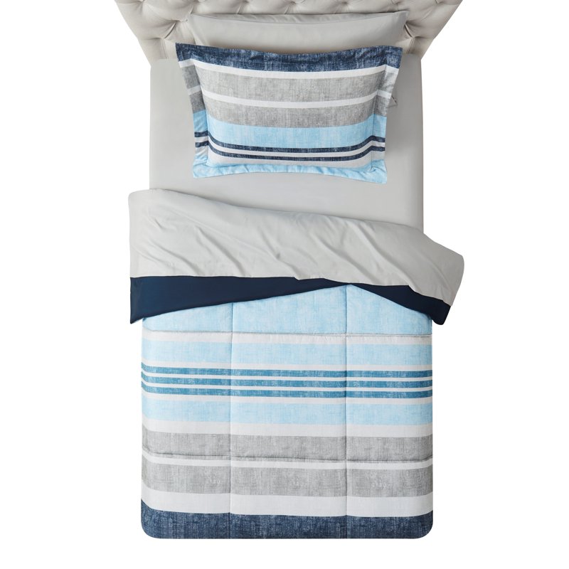 Twin-XL Bed in a Bag Set with Reversible Comforter and Sheets - Blue Stripe