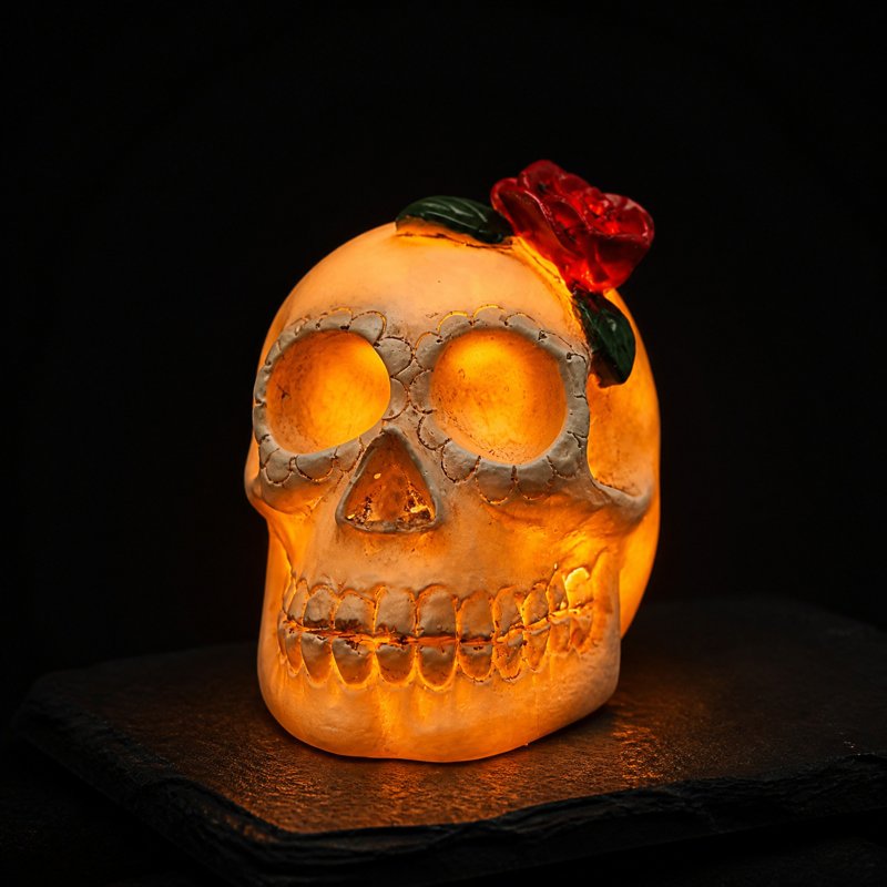 Halloween Skull Rose Lamp - Gothic Resin Nightlight with Warm Candle Glow - Variation #359B