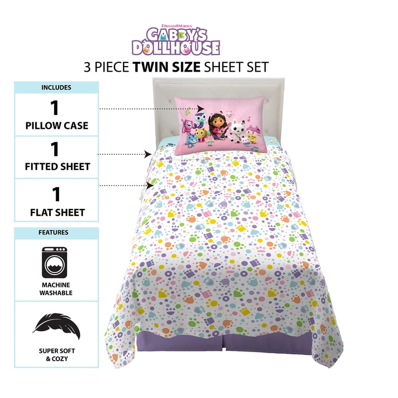 Gabby's Dollhouse Twin Sheet Set - Pawtastic Teal Blue White 3 Piece
