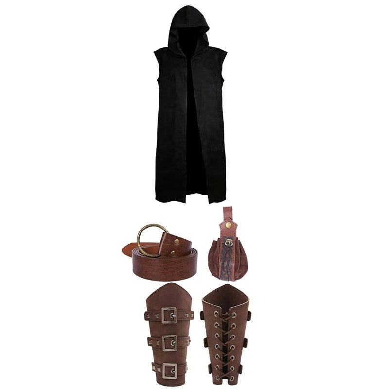 Men's Medieval Viking Costume Set Black 3XL - Hooded Cape Belt Bracers Halloween