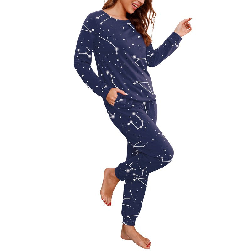 Women’s Pajama Set Long Sleeve Sleepwear Lounge Set with Pockets - Blue Star Sign, L
