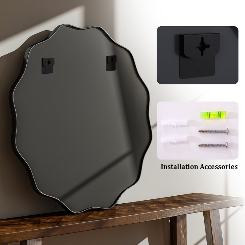 36x36-Inch Wavy Round Bathroom Mirror Wall Mounted Modern Vanity Mirror Black