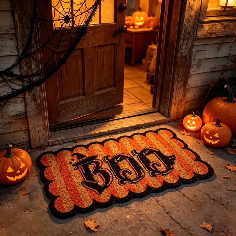 Halloween Door Mat with Witch Hat Boo Print, Durable Welcome Rug for Front Porch - Variation B3
