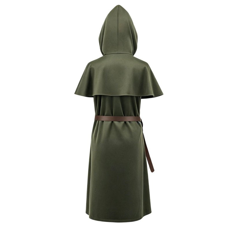 Medieval Monk Robe Hooded Cloak Costume Set with Belt - Army Green XXL - Halloween Cosplay