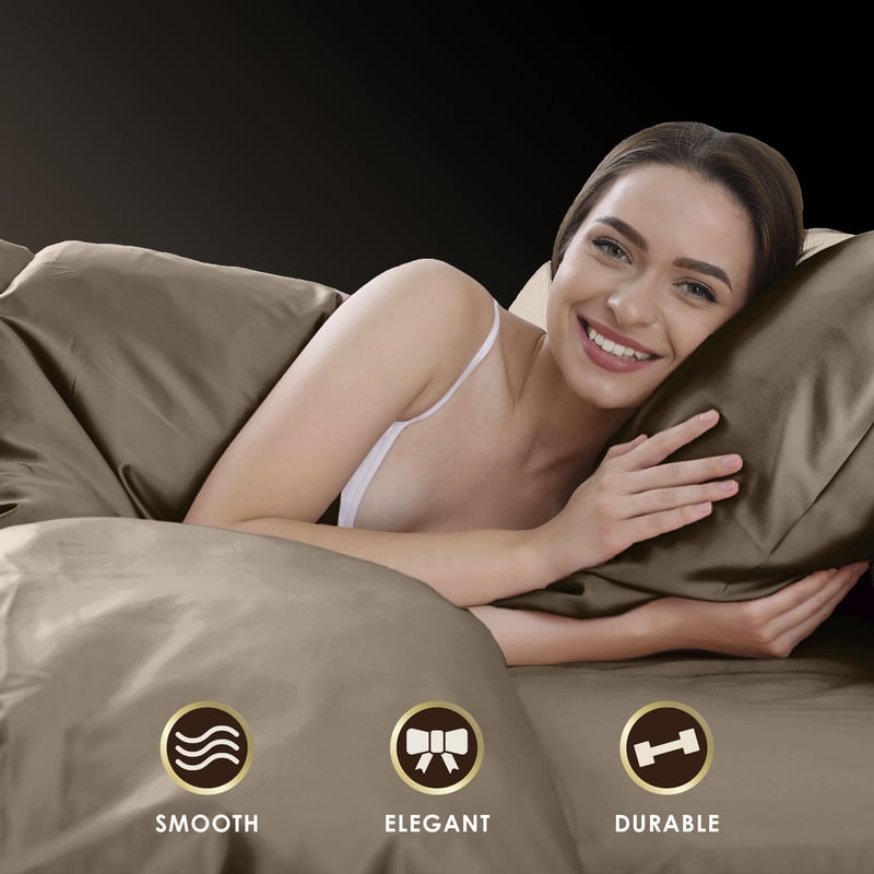 California King Satin Sheet Set - Champagne, Silky Smooth Bed Linen for Hair & Skin