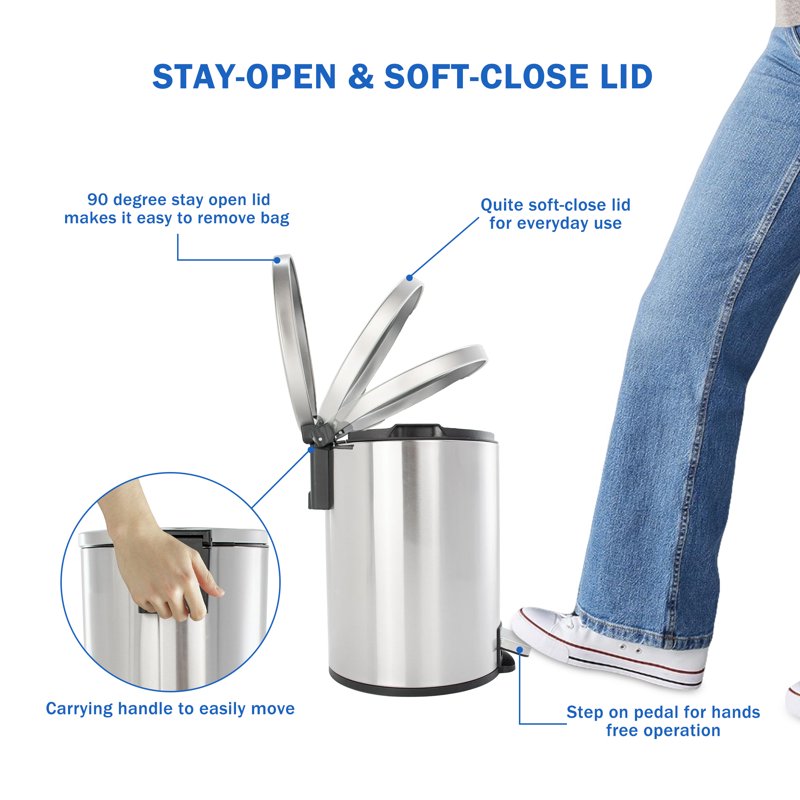 Stainless Steel Step Trash Can with Soft-Close Lid - 1.3 Gallon