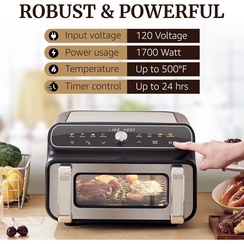 Digital Indoor Grill and Air Fryer Oven, 11L, 1700W, Stainless Steel