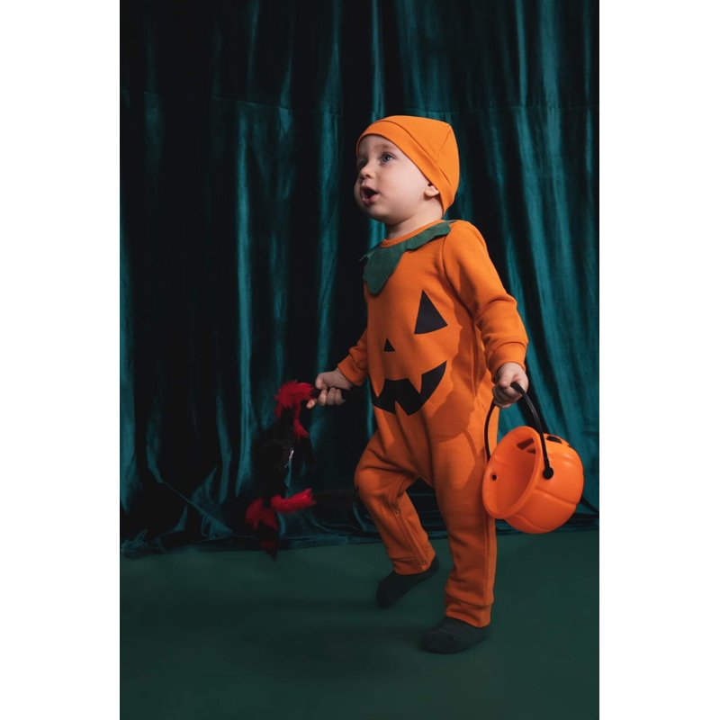 Baby Pumpkin Halloween Costume Set with Jumpsuit Hat and Shoes - Variation #02 (6-12 Months)